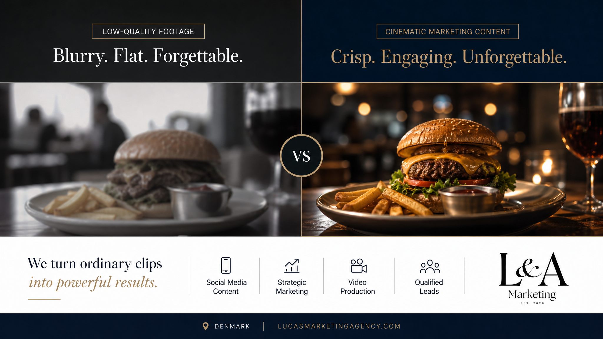 Før og efter sammenligning — almindeligt klip vs. cinematisk marketingindhold